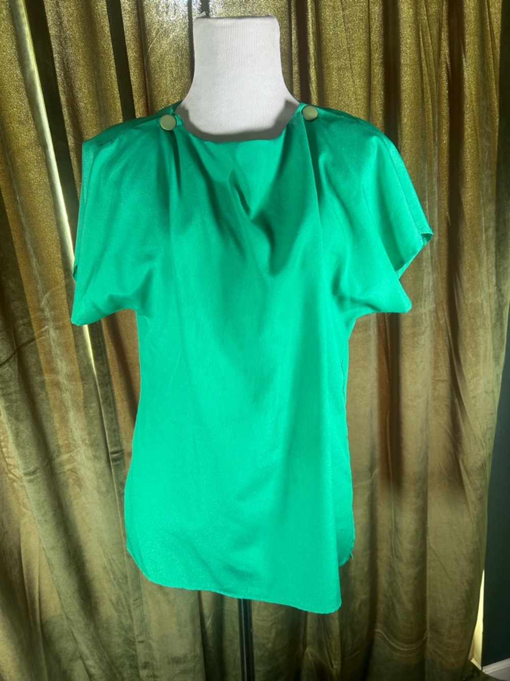 Vintage 80s Anne Klein II Emerald Green Draped Blouse - Picture 2 of 7